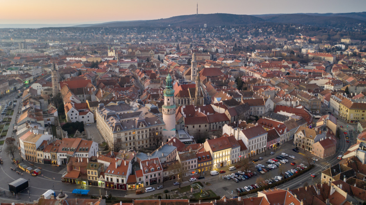 Aerial photo of medieval Sopron with fire tower