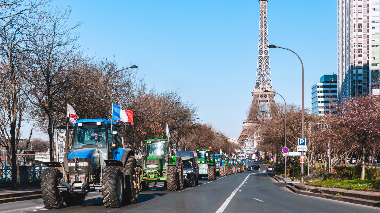 French farmers demonstrating with tractors, in Paris, Beaugrenelle quarter, February 8, 2023.
