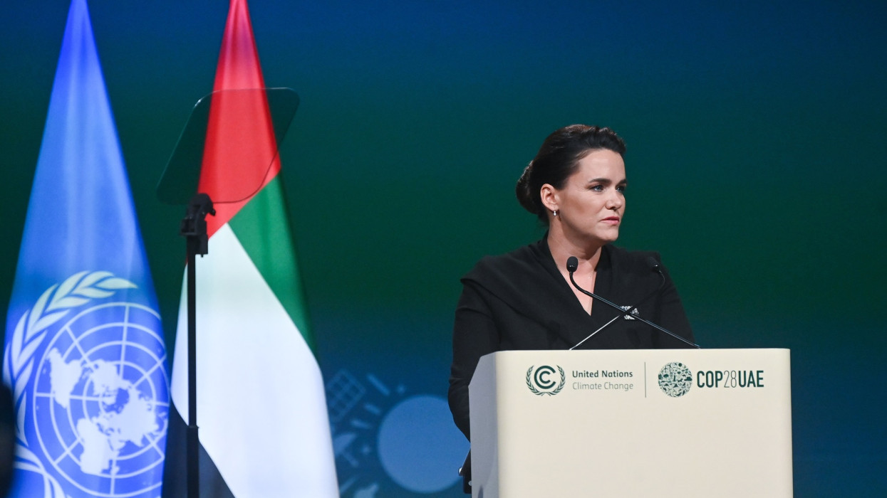 Dubaj, 2023. december 1.Novák Katalin köztársasági elnök felszólal az ENSZ Éghajlatváltozási Keretegyezmény Részes Feleinek 28. Konferenciáján (COP28) Dubajban 2023. december 1-jén.MTI/Bruzák Noémi