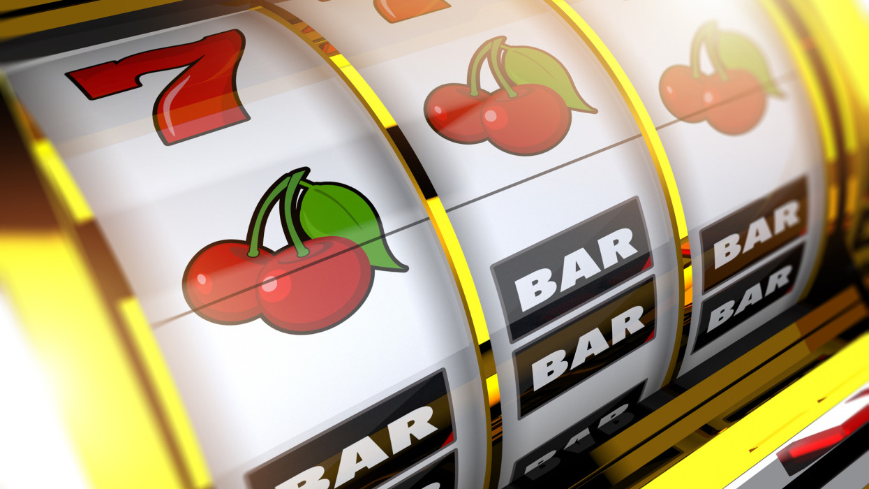 Spinning Golden Casino Slot Machine Reel Concept 3D Rendered Illustration. Gambling Theme.