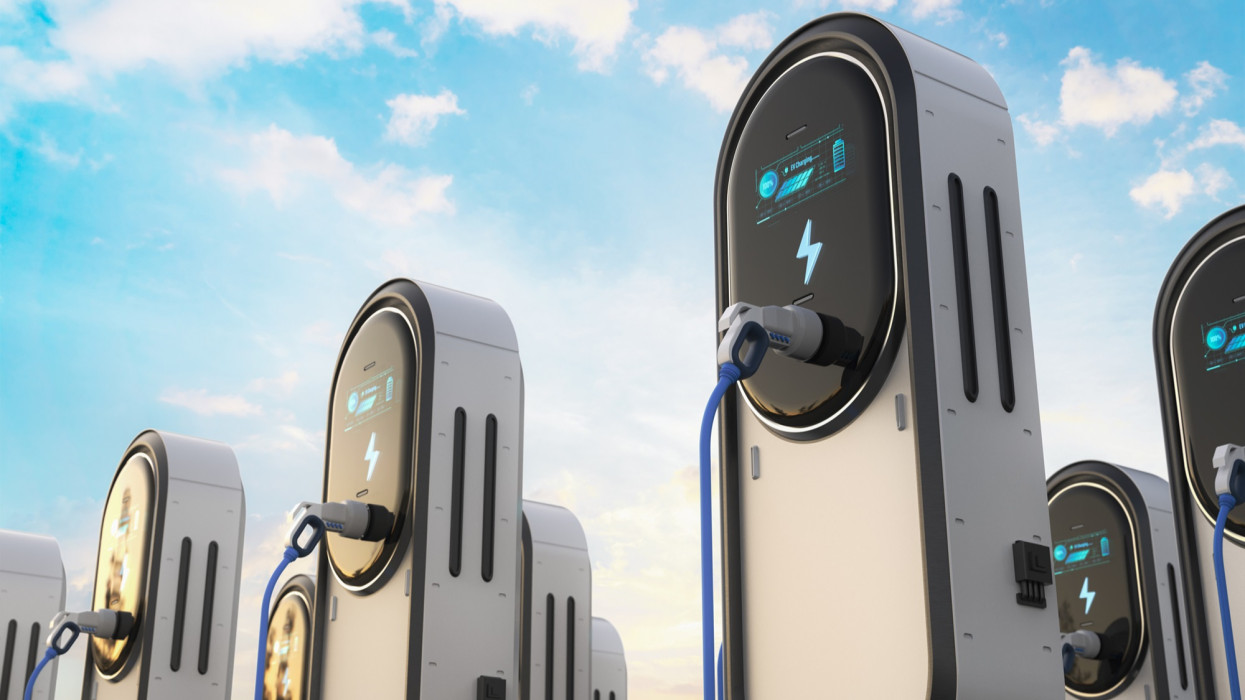 3d rendering group of EV charging stations or electric vehicle recharging stations with graphic display