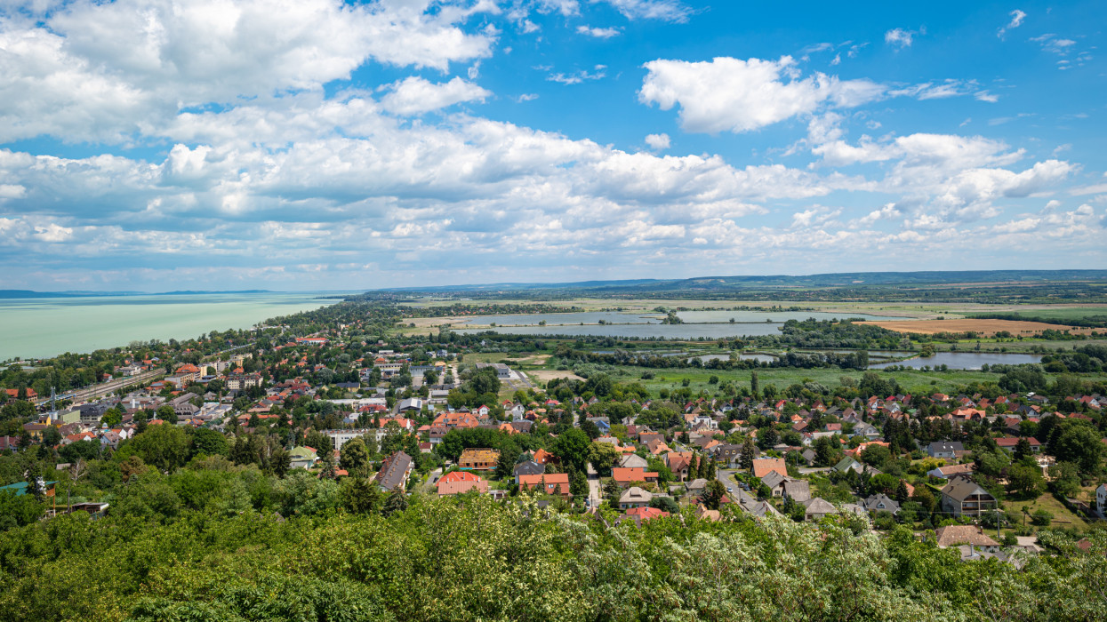 View from the watchtower on hill Sipos Hegy in northeasterly direction.  Visible is the town of FonyÃ³d and the shore of Lake Balaton, Hungary.