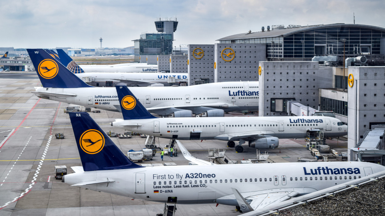 Frankfurt, Germany - July 24, 2016: Aerial view of Lufthansa aircraft parked at Frankfurt Airport (FRA), which serves as the largest hub for Lufthansa.