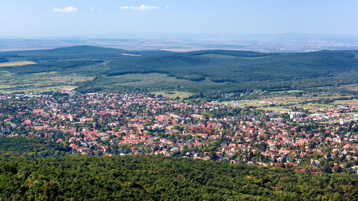 Panoramic, birds eye view of Budakeszi, Hungary - with lots of copy space.