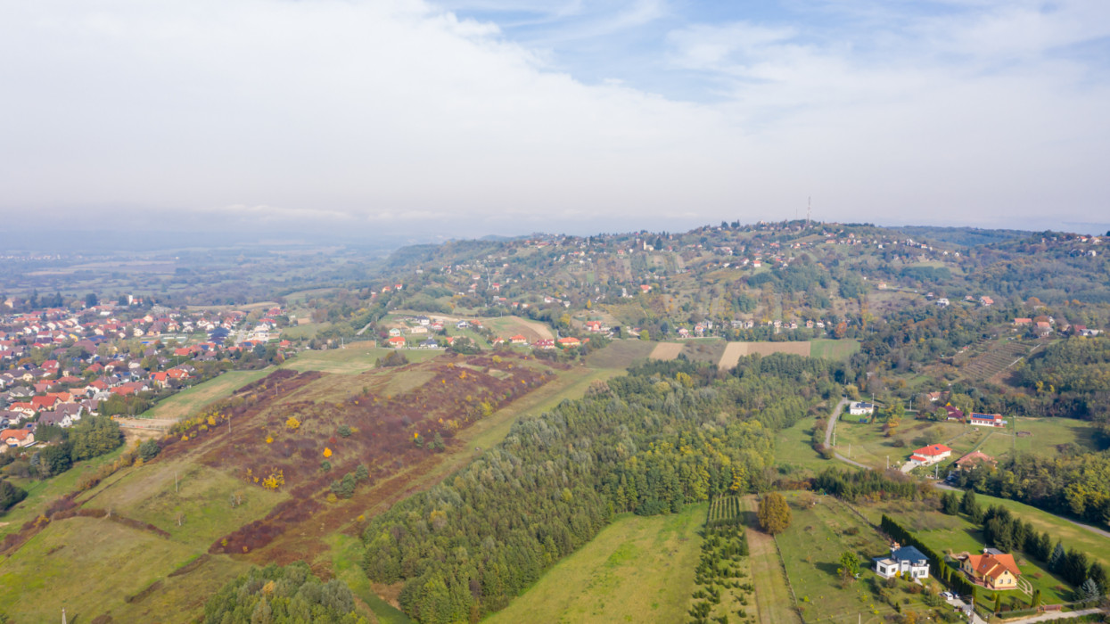 Drone photo of Csacs district on a foggy autumn morning in City Zalaegerszeg, Hungary