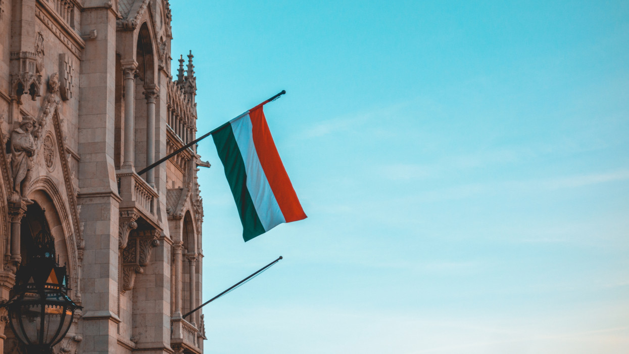Hungary Flag at Parliament building with copy space in the sky