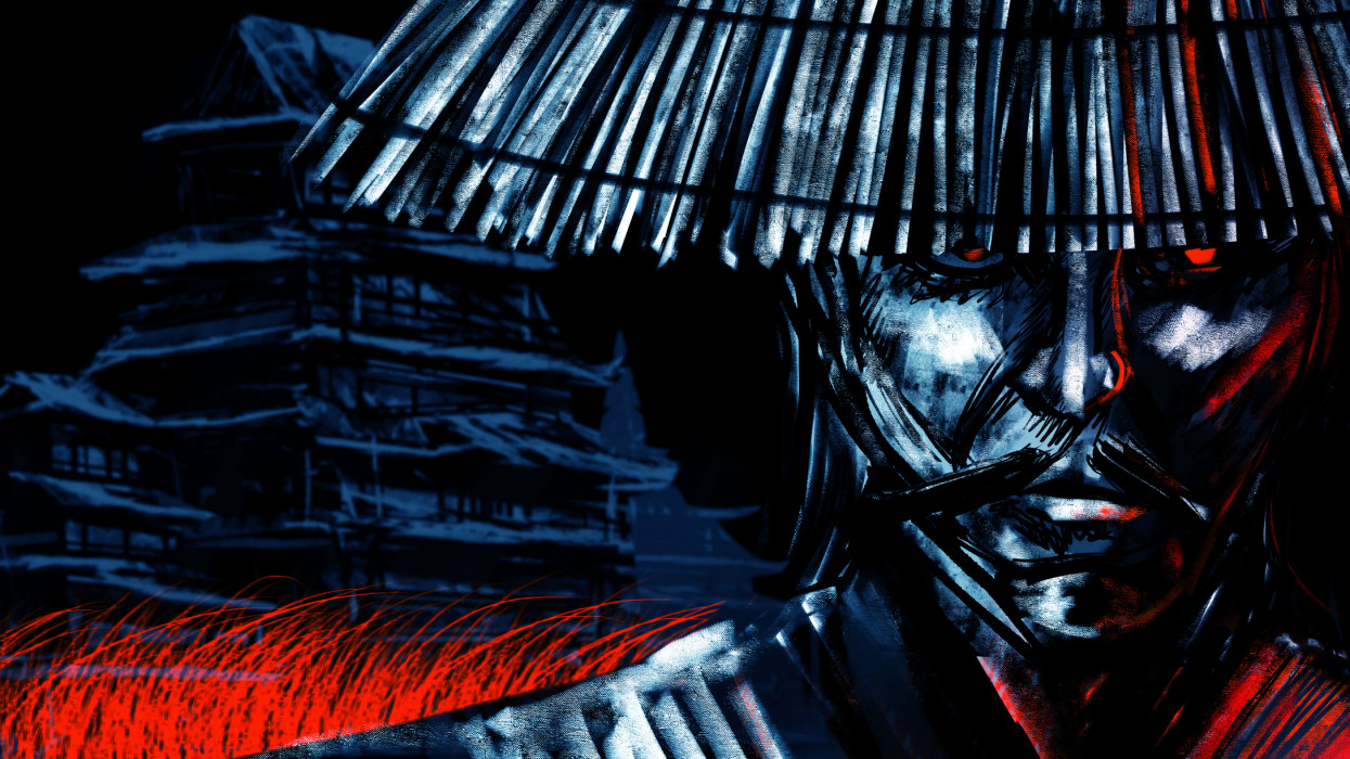 Művészeti illusztráció japán horror szellem szamuráj mester portréja kalapban éjszakai tájkép háttér.