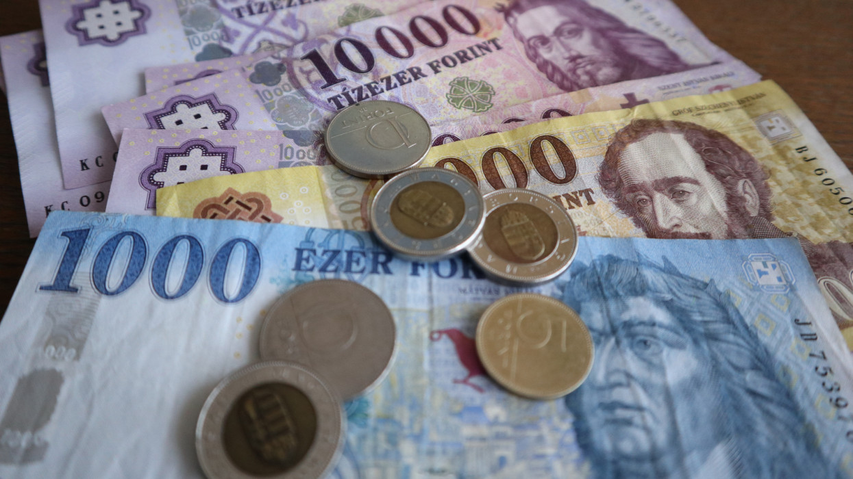 Magyar forint bankjegyek és érmék halmozódtak fel.