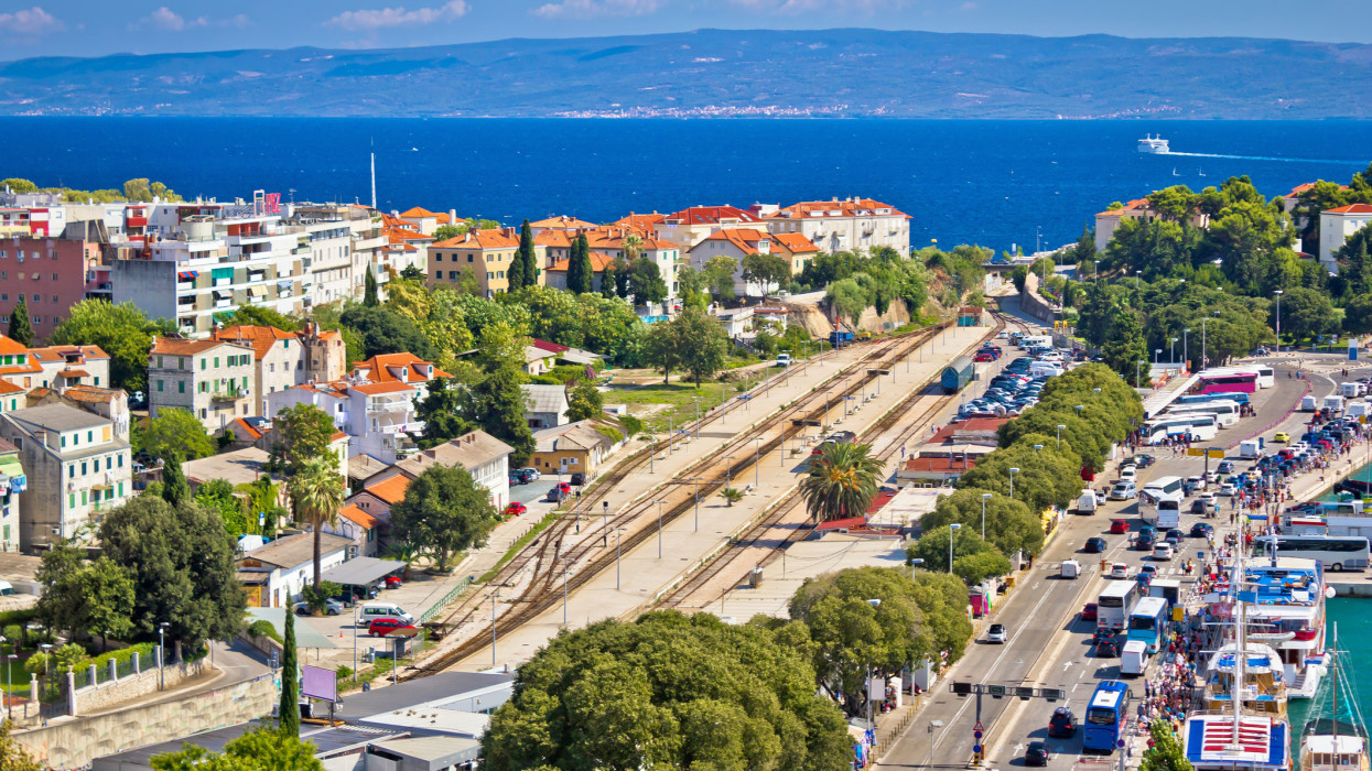 Split railway station and harbor aerial view, Dalmatia, Croatia