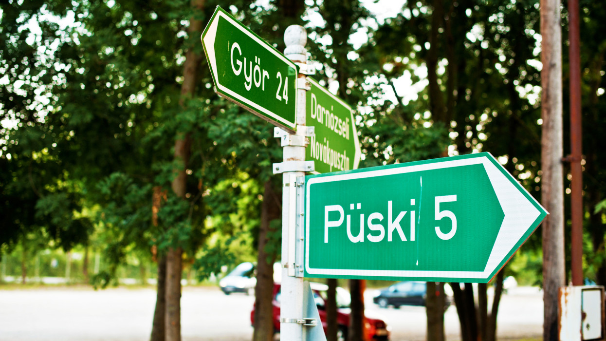 Hungary Motorway Road Sign (24 km to GyÃ¶r and 5km to Puski)