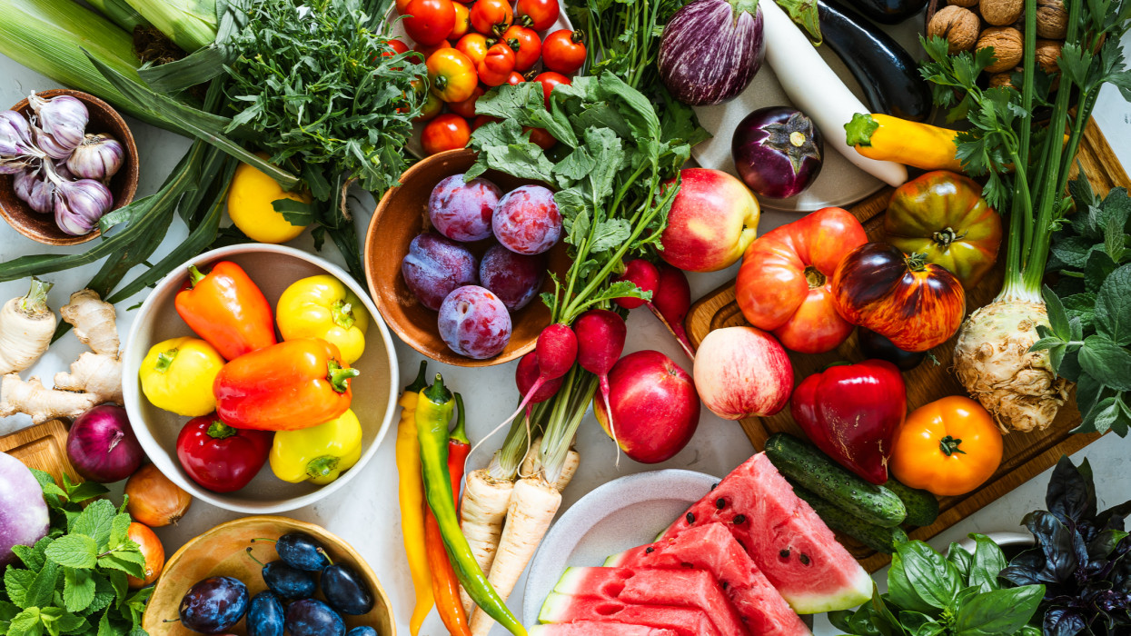 Fresh homegrown vegetables and fruits, summer colofrul harvest still life, local farmer produce, organic food, directly above