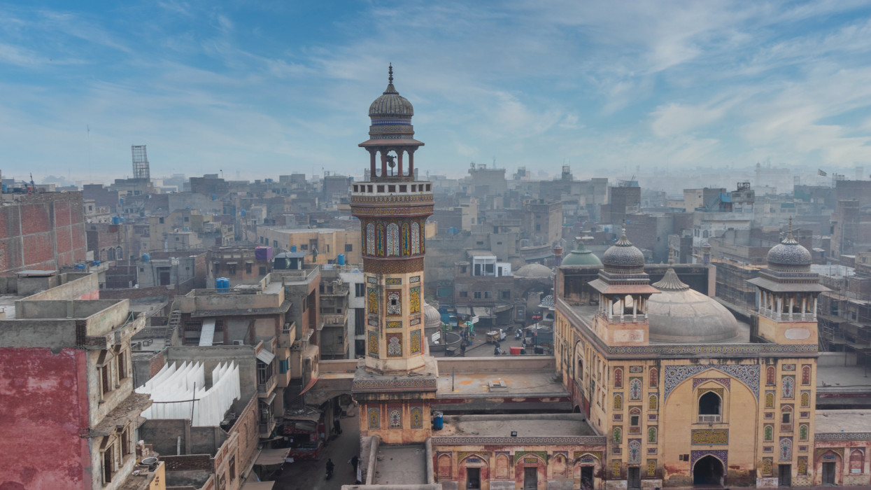 View of Wazir Khan mosque, famous for its extensive faience tile work, situated in the Walled City of Lahore, in Punjab Province, Pakistan. The Wazir Khan Mosque was built around 1634-1635 AD, during the reign of the Mughal Emperor Sha