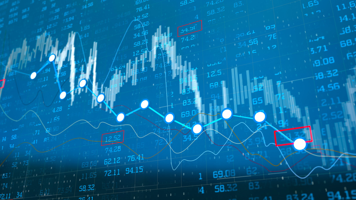 Digital generated image of financial line charts falling down because of coronavirus COVID-19 on blue background.