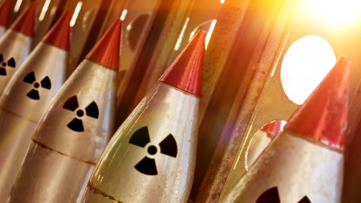 The nuclear warheads of a ballistic missile are aimed upwards for a nuclear strike. army weapons.  the threat of a weapon.