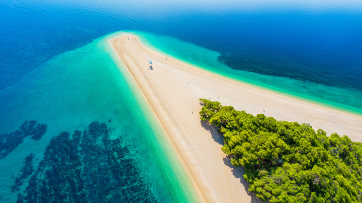 Aerial view of the Golden Horn Beach in Croatia. Also known as Zlatni Rat Beach it was named as one of the best beaches in the world coming in at 12th on the list.