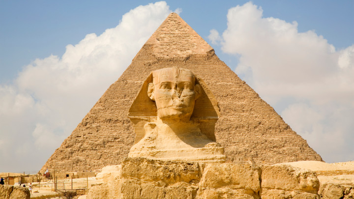 Pyramid and sphinx at giza daytime view