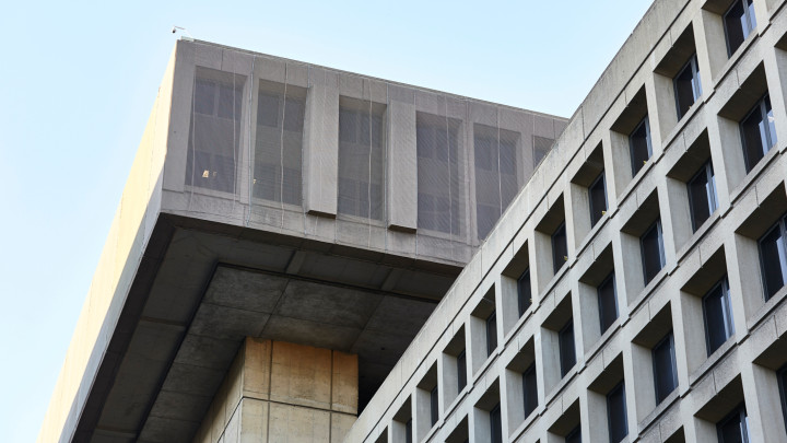Detail of the brutalist architecture on the FBI building in Washington DC
