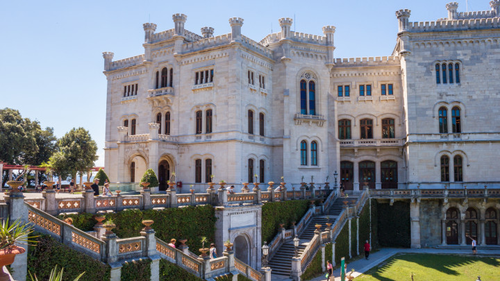 Trieste, Italy - July 16, 2017: View of Miramare Castle and Park on a Sunny Day.