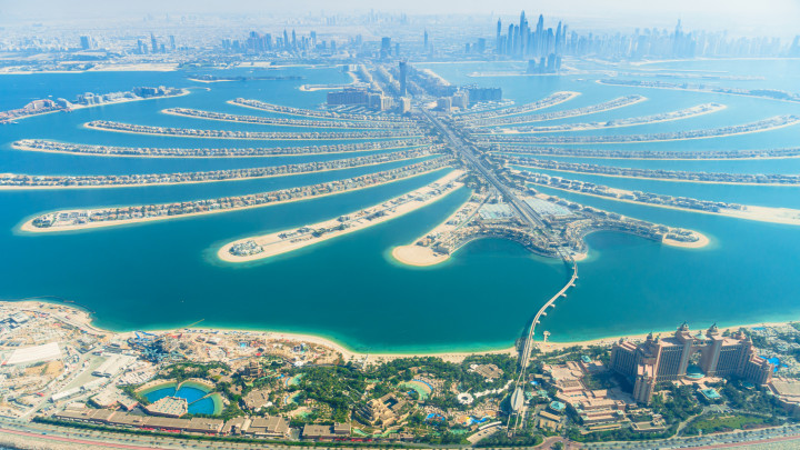 Palm Jumeirah islands are the worlds first man made islands shaped like a palm tree with luxury residences, hotels and waterparks