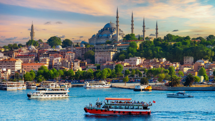 Touristic sightseeing ships in istanbul city, Turkey.