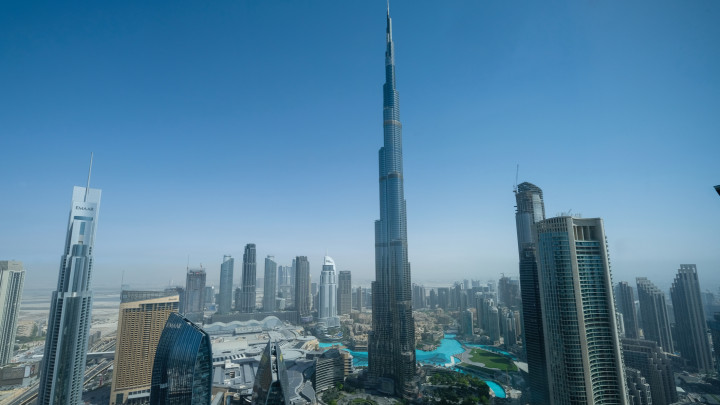 Egyesült Arab Emírségek Dubai városkép égbolt város légi felvételen Burj Khalifa