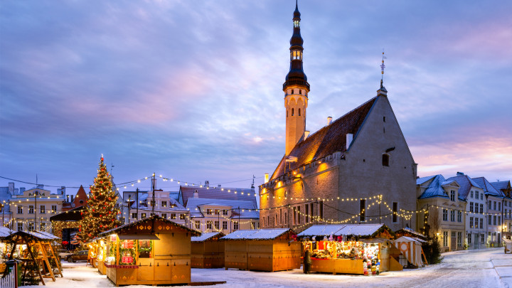 Town Hall (Right) Christmas Market, Tallinn, Estonia. Photograph taken at sunrise