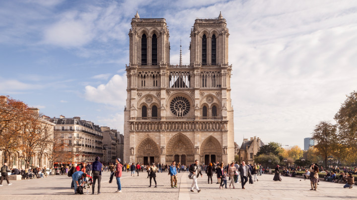 Notre Dame de Paris cathedral. The cathedral is widely considered to be one of the finest examples of French Gothic architecture and among the largest and most well-known church buildings in the world.