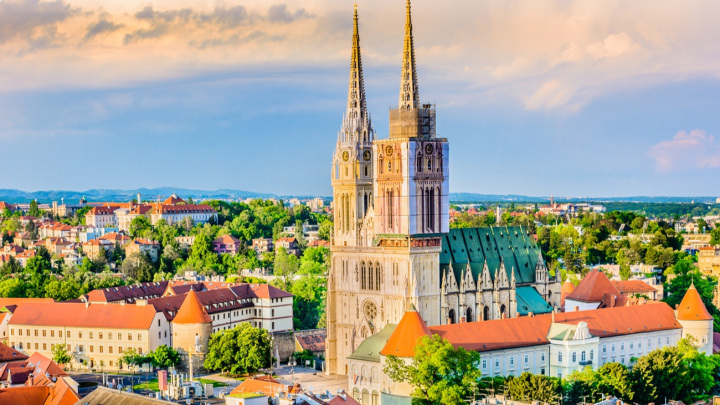 Aerial view on cathedral in Zagreb city, capital town of Croatia, european landmarks.